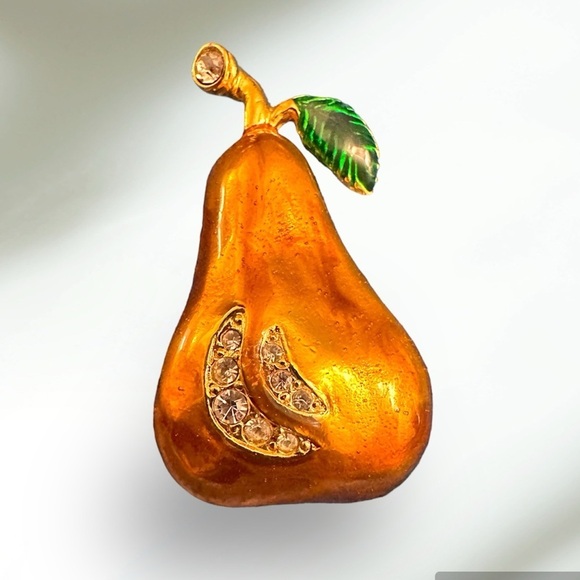 Saxon Pear Brooch Fruit Pin Lacquer and Rhinestone Vintage Jewelry - Picture 1 of 3